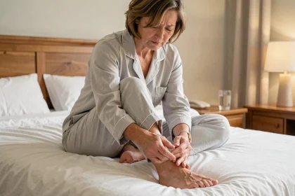 Femme massant son talon douloureux à cause d'une épine calcanéenne, assise sur son lit le matin