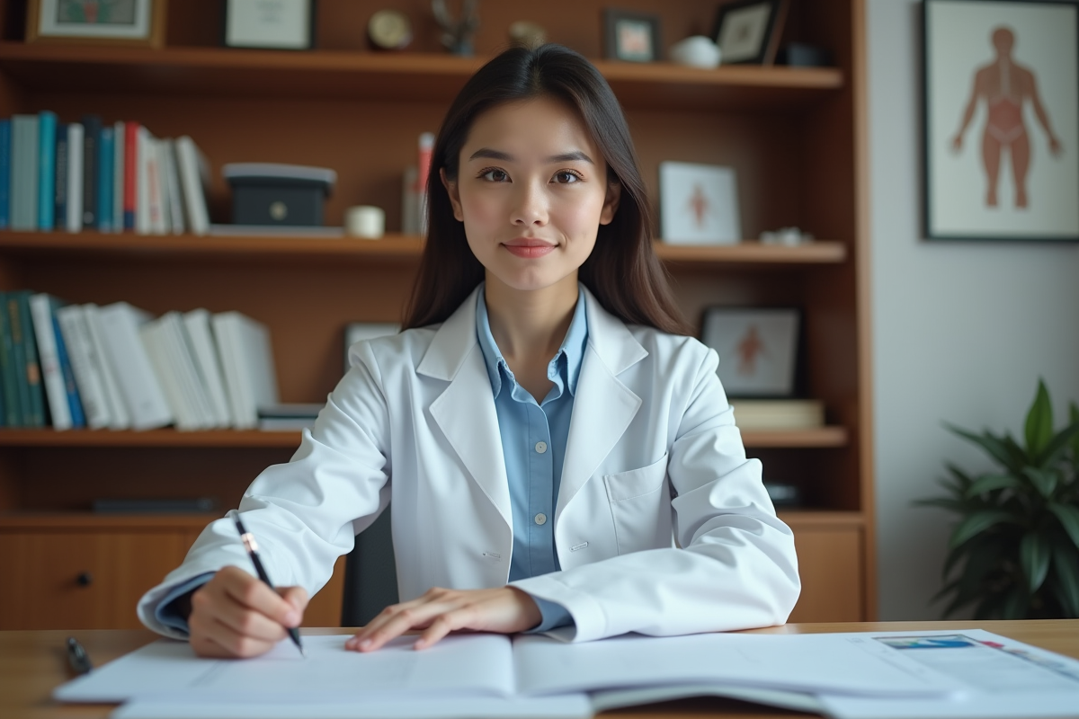 Jeune femme médecin remplissant un dossier dans un cabinet