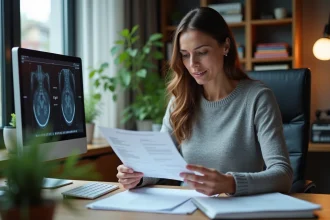 Femme d'âge moyen examine une facture médicale à domicile