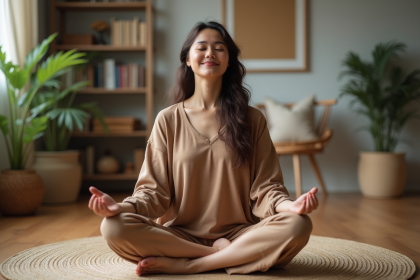 Femme méditant dans un salon cosy et moderne