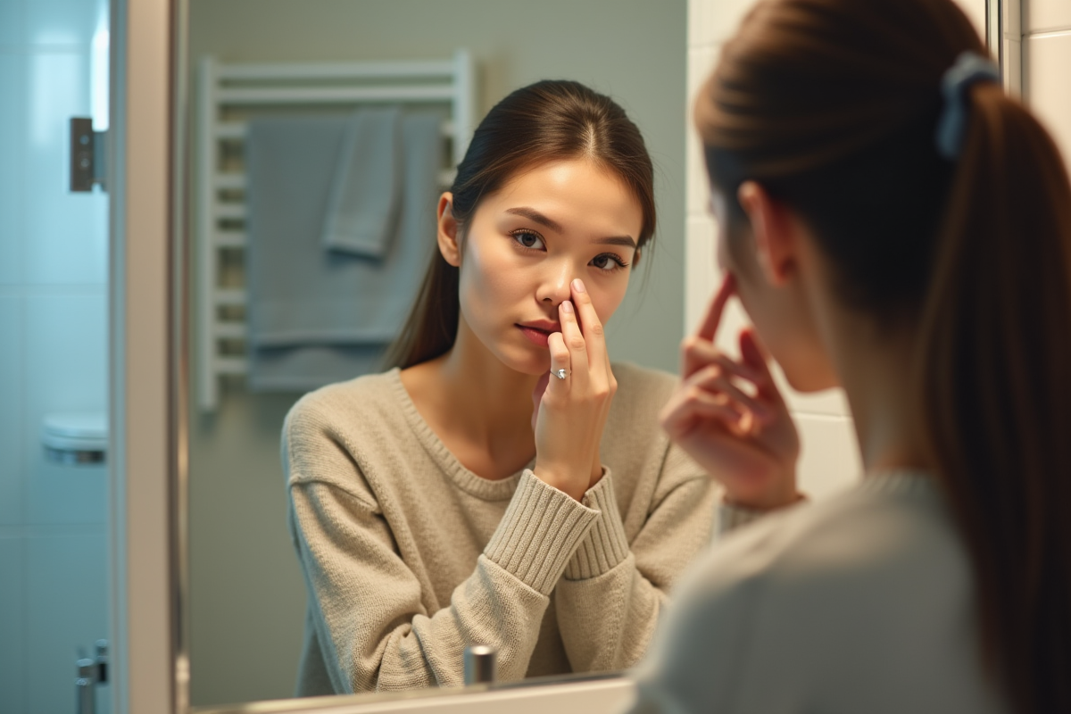 Jeune femme se regarde dans le miroir en touchant son nez