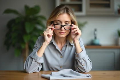 Femme moyenne &acirc;ge nettoyant ses lunettes avec un chiffon