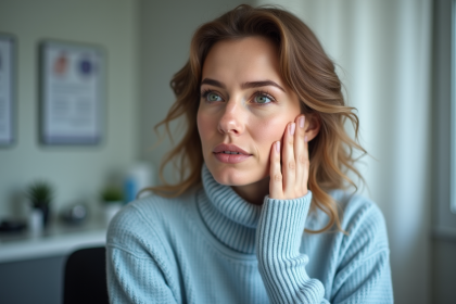 Femme en cabinet dermatologique montrant peau rouge et desquamation