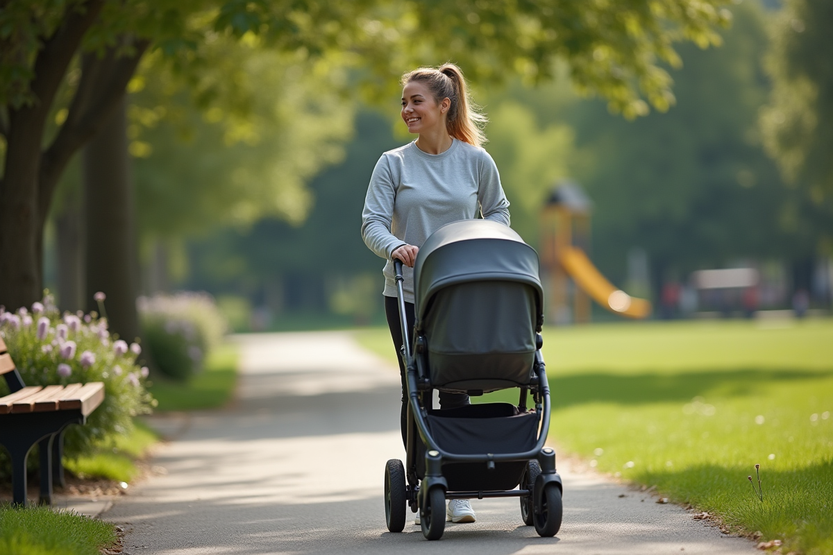 Femme poussant une poussette dans un parc verdoyant