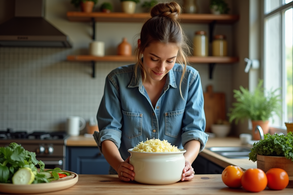 Jeune femme préparant de la choucroute dans une cuisine chaleureuse