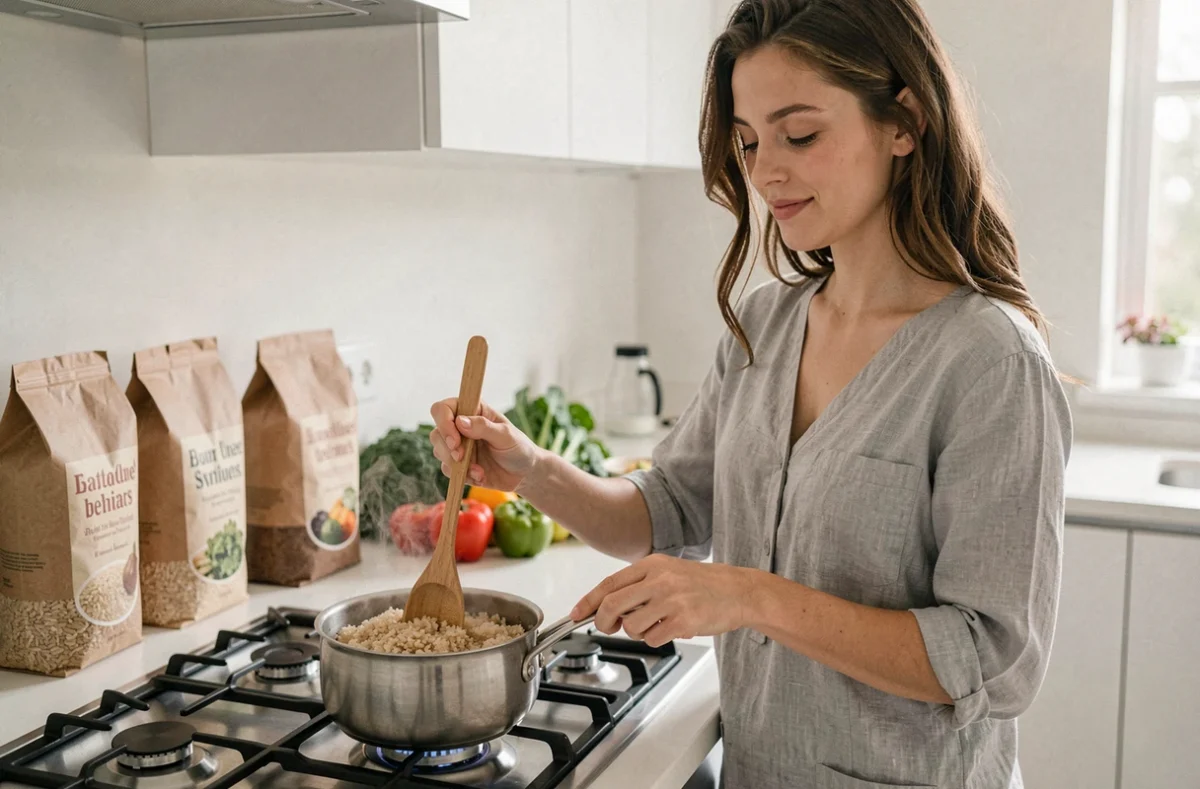 Jeune femme préparant du riz complet dans une cuisine moderne, symbolisant une alimentation équilibrée et la satiété durable