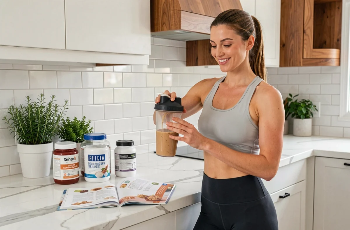 Femme préparant un shake Raptor Nutrition dans une cuisine moderne avec des compléments alimentaires sur le comptoir