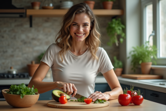 Femme en cuisine préparant une salade avec avocats frais