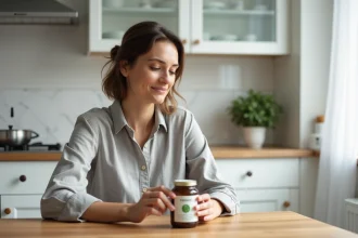 Femme lisant l'étiquette d'un pot de probiotiques dans une cuisine moderne pour choisir le meilleur traitement contre le SII