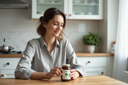 Femme lisant l'étiquette d'un pot de probiotiques dans une cuisine moderne pour choisir le meilleur traitement contre le SII