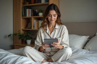 Jeune femme en pyjamas lisant une app sommeil sur tablette