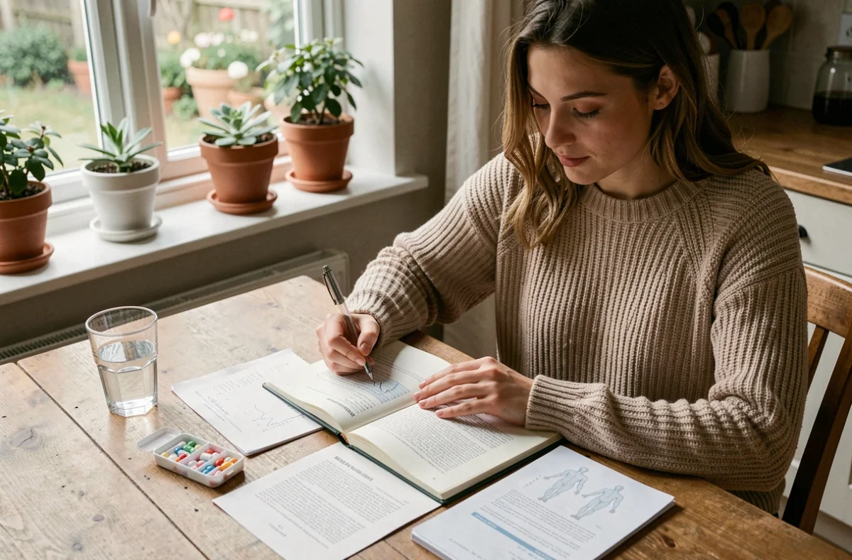 Femme qui étudie les options de traitement pour un kyste aux ovaires à la maison
