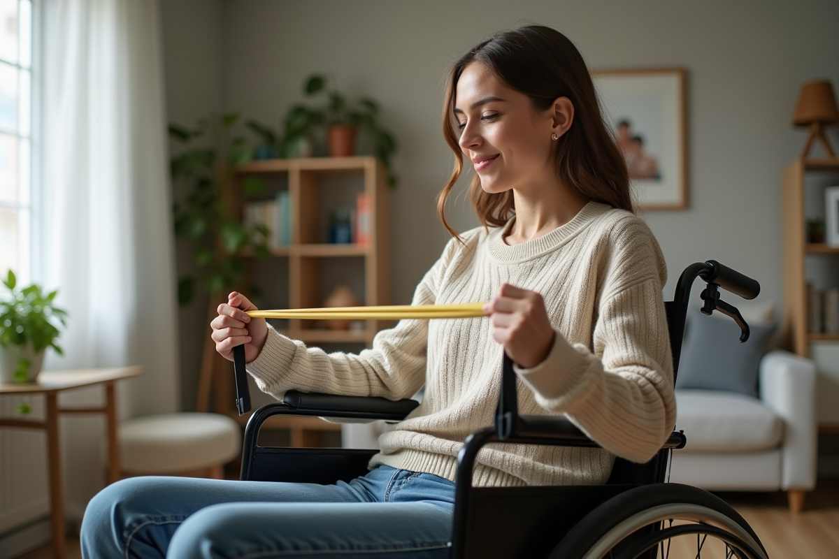 Jeune femme faisant des exercices avec resistance dans son salon