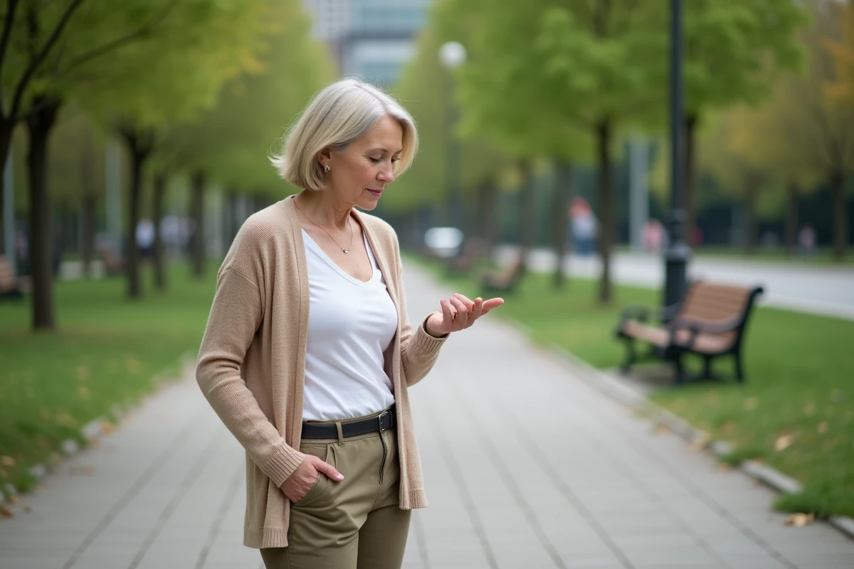 Femme dans un parc urbain regardant sa main pensivement