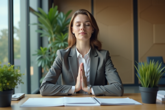 Femme en détente pratiquant la respiration profonde au bureau