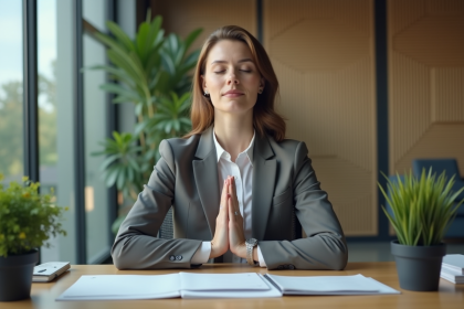 Femme en détente pratiquant la respiration profonde au bureau