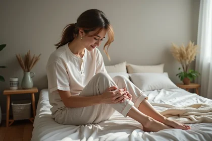 Femme en pyjama se massant la jambe dans la chambre