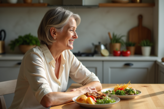 Femme d'âge moyen compare deux assiettes équilibrées dans une cuisine lumineuse