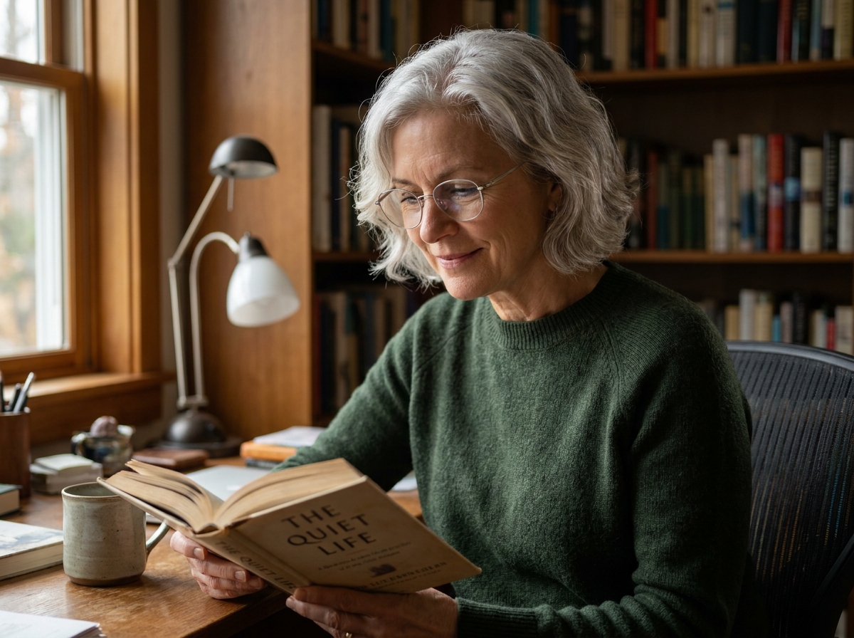 Femme senior portant des lunettes progressives confortablement à la maison en lisant un livre