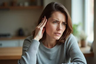 Femme tenant sa main contre son oreille gauche, exprimant une gêne auditive à la maison