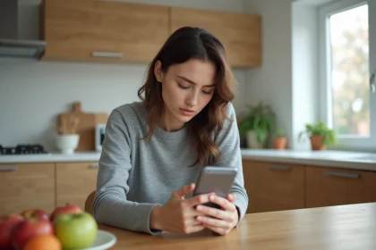 Femme pr&eacute;occup&eacute;e regardant son smartphone dans la cuisine