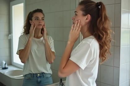 Femme regardant son visage dans un miroir de salle de bain
