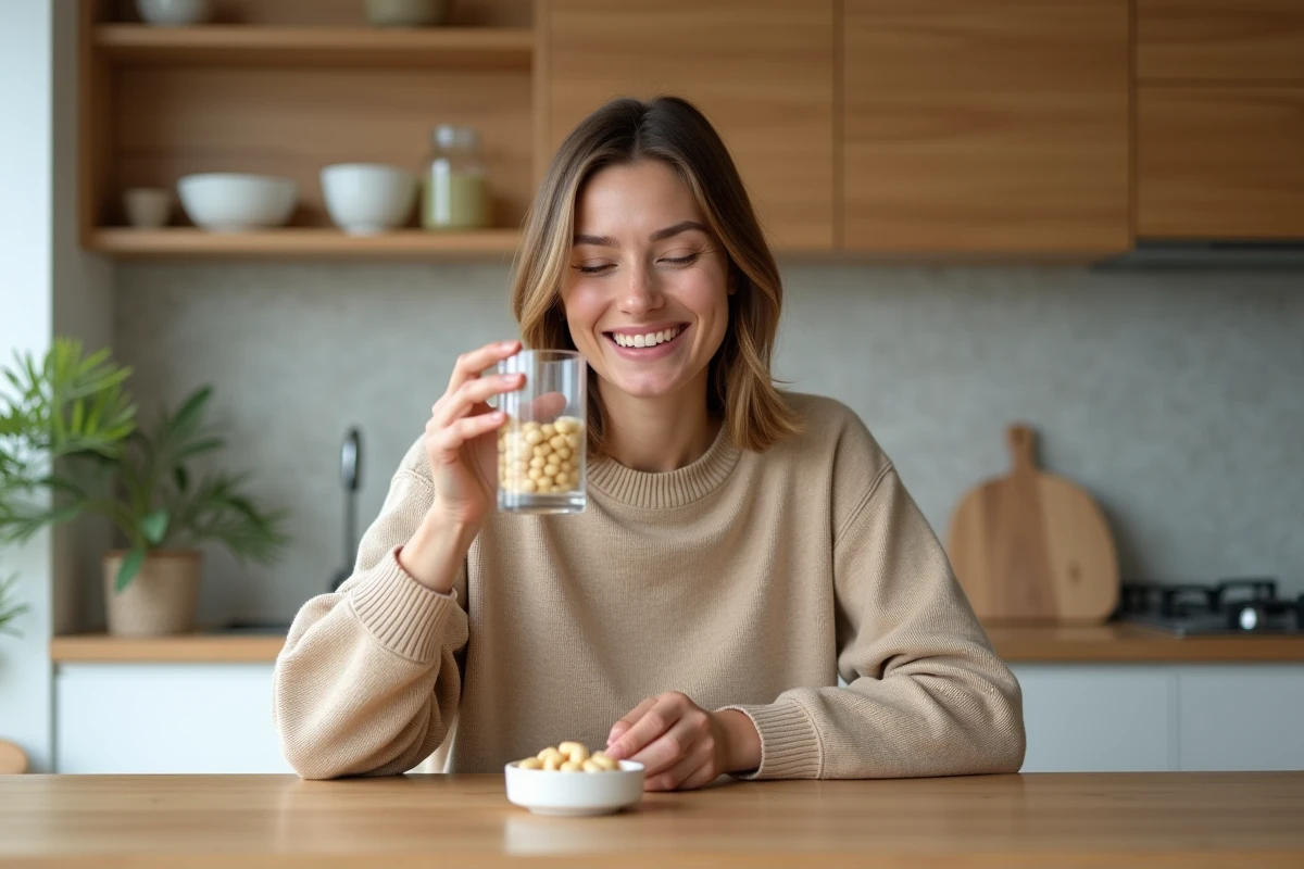 Femme souriante avec capsules dans la cuisine moderne