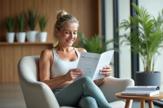 Femme détendue dans un spa lisant une brochure sur la cellulite