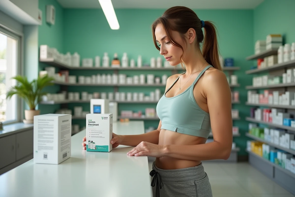 Femme sportive examine une boîte de brûleur de graisse en pharmacie