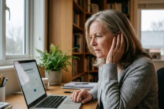 Femme d'une cinquantaine d'années effectuant un test auditif en ligne sur un ordinateur portable dans un bureau à domicile chaleureux