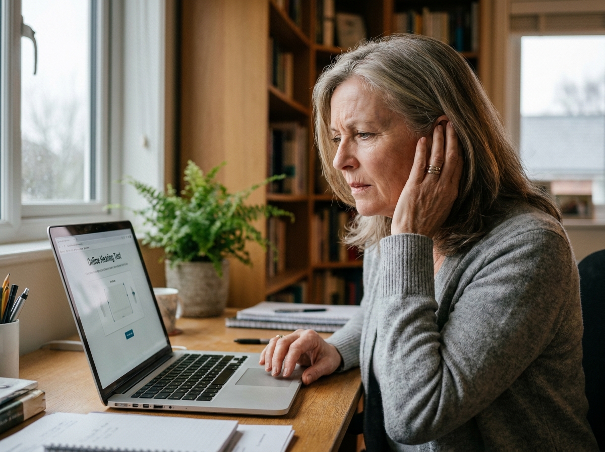 Femme d'une cinquantaine d'années effectuant un test auditif en ligne sur un ordinateur portable dans un bureau à domicile chaleureux