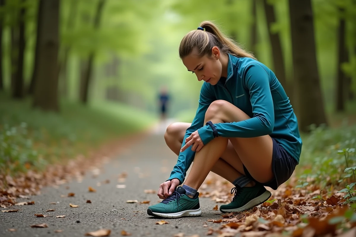 Femme coureuse v&eacute;rifiant son pied en for&ecirc;t lors d