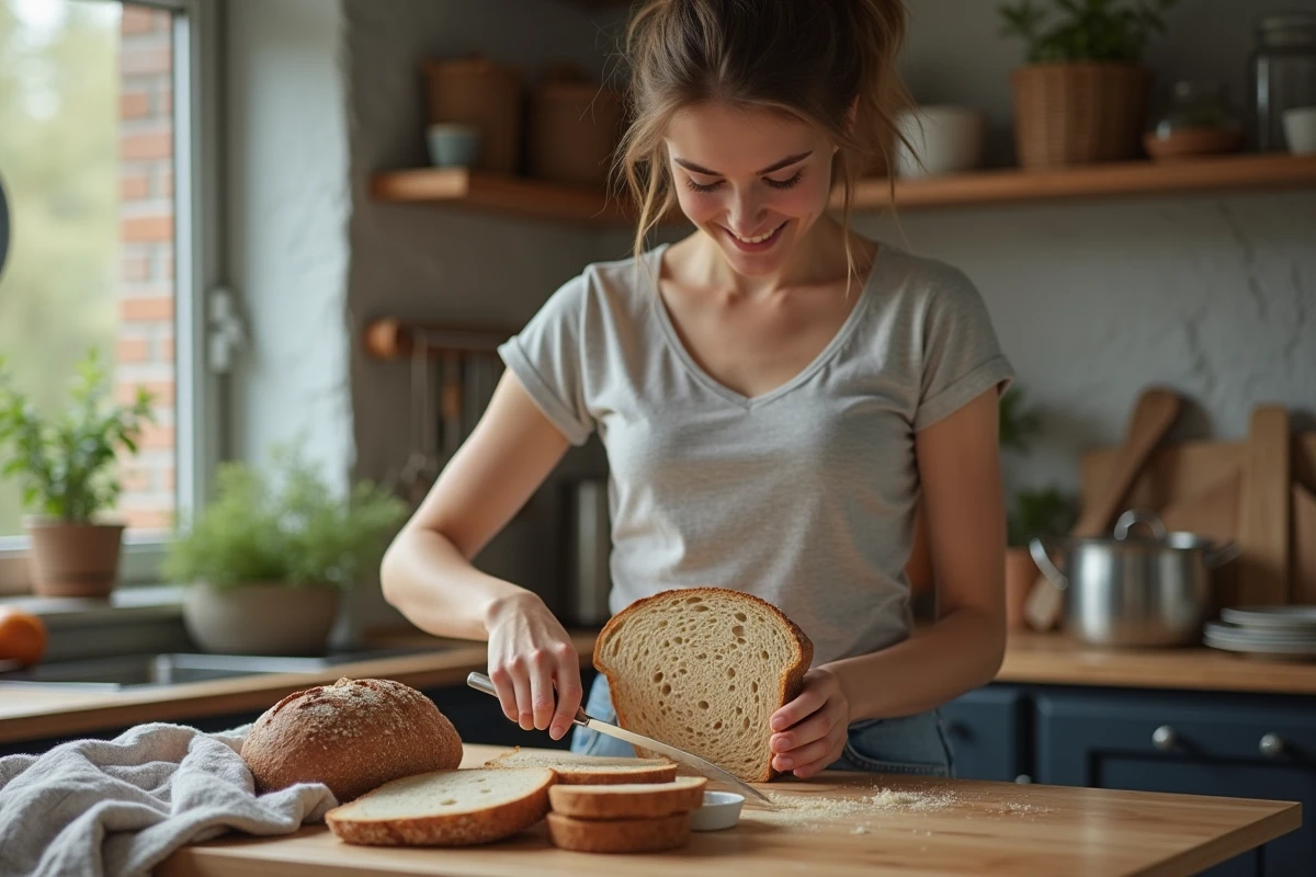 Jeune femme souriante tranchant un pain au levain dans sa cuisine moderne