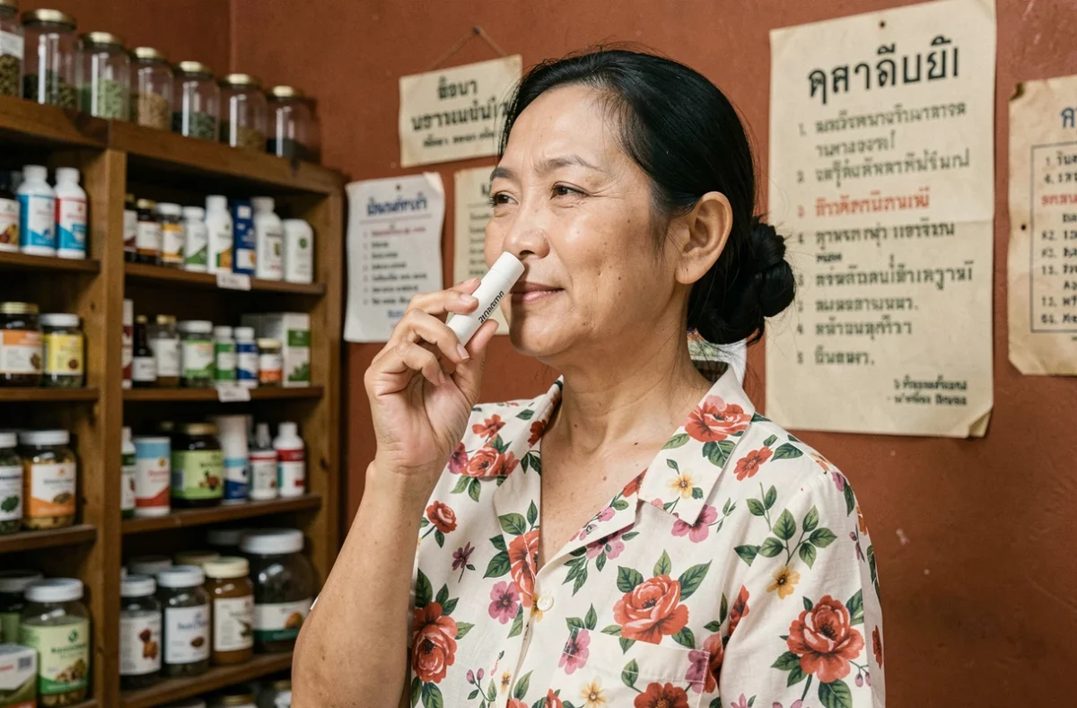 Femme thaïlandaise utilisant un yadom inhaler blanc dans une pharmacie traditionnelle thaïe, illustrant l'usage authentique d'un vrai produit de qualité