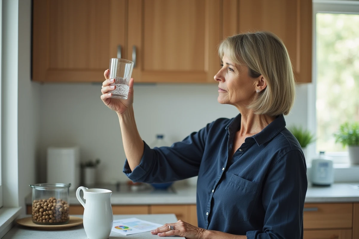 Femme analysant un verre d'eau filtrée avec des perles de céramique dans une carafe posée sur un plan de travail de cuisine moderne