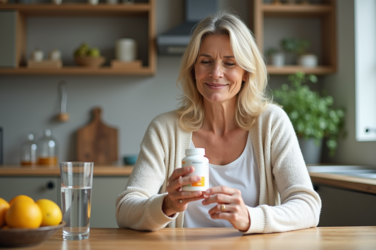 Femme d'âge moyen tenant une vitamine D dans la cuisine