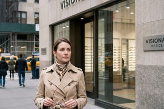 Femme en trench beige devant un magasin d'optique en ville