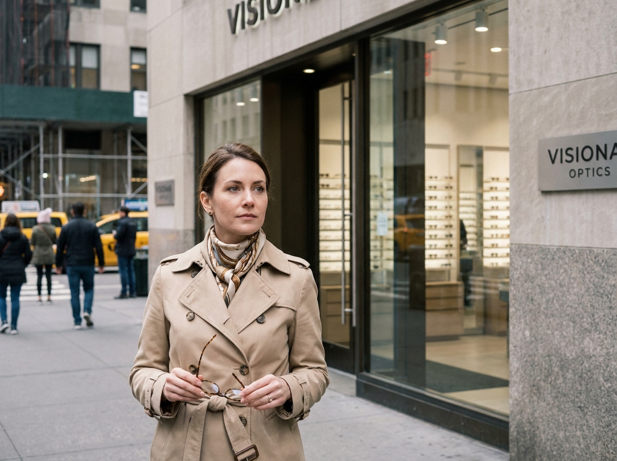 Femme en trench beige devant un magasin d'optique en ville