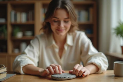 Femme tenant un worrying stone gravé personnalisé entre ses mains, cadeau anti-stress en pierre naturelle