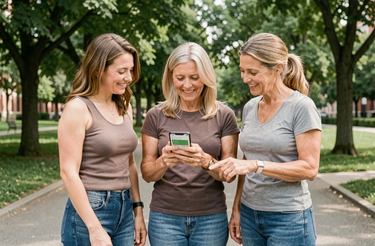 Trois femmes de 1m60 et d'âges différents comparant leur poids idéal sur une application santé dans un parc