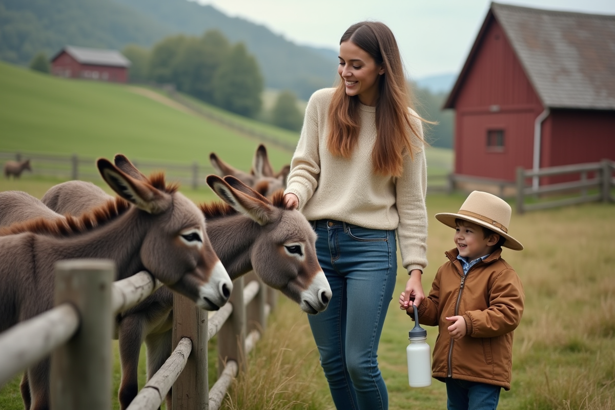 Jeune femme et enfant nourrissant des donkeys à la ferme
