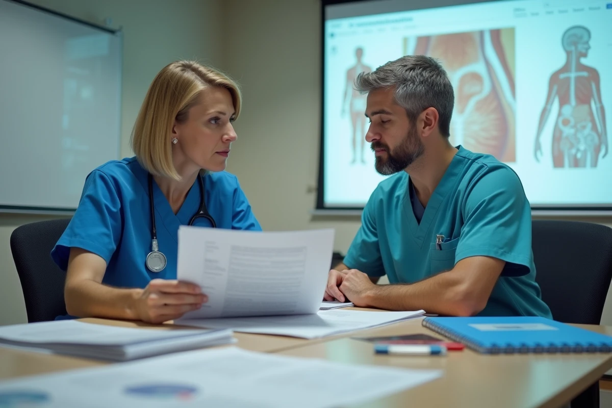 Deux professionnels de santé discutant des erreurs d'interprétation des escarres fessiers lors d'une formation clinique