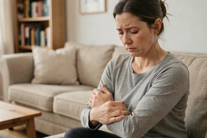 Femme assise sur un canapé se frottant le bras ressentant des fourmillements liés à l'anxiété