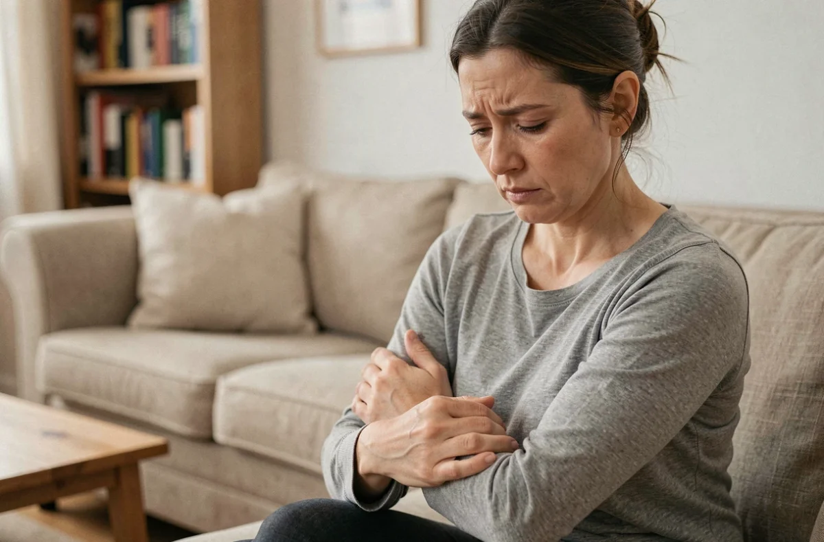 Femme assise sur un canapé se frottant le bras ressentant des fourmillements liés à l'anxiété
