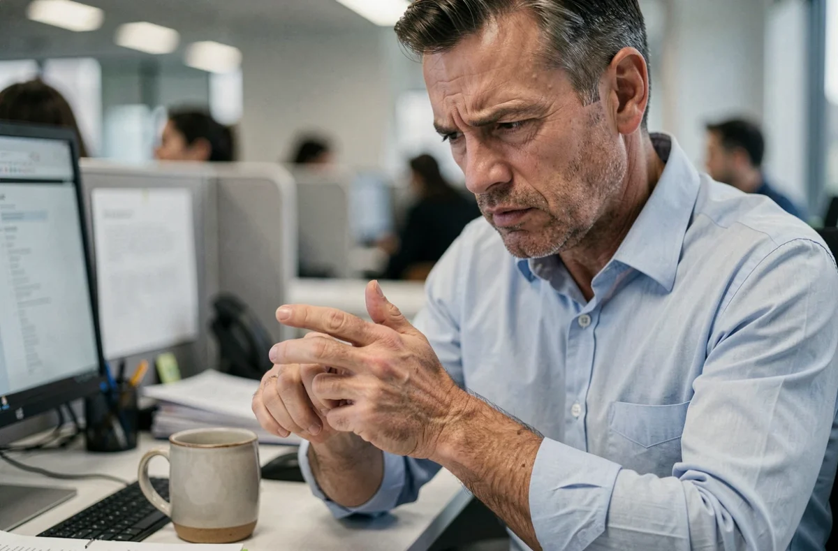 Homme au bureau vérifiant son pouls au poignet ressentant anxiété et fourmillements dans les bras