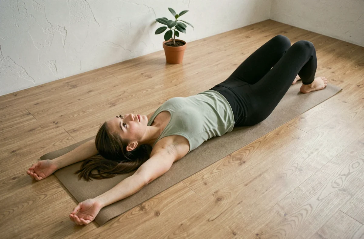 Jeune femme allongée sur un tapis de yoga pratiquant la pleine conscience pour gérer l'anxiété et les fourmillements