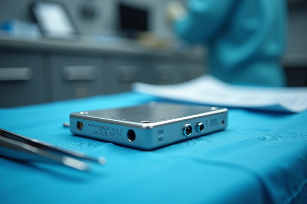 Gros plan d'un stimulateur cardiaque en titane posé sur un champ opératoire stérile, illustrant la technologie du pacemaker moderne