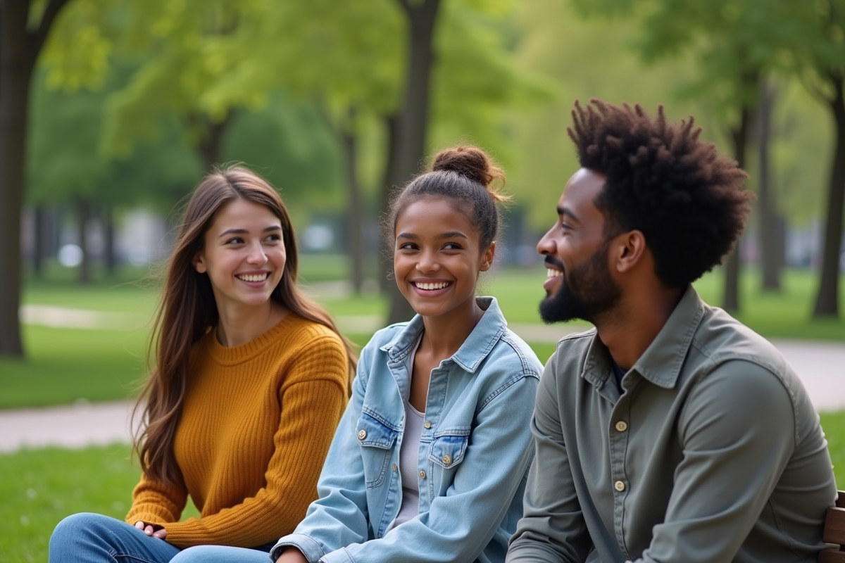 Trois jeunes adultes souriants dans un parc ensoleille