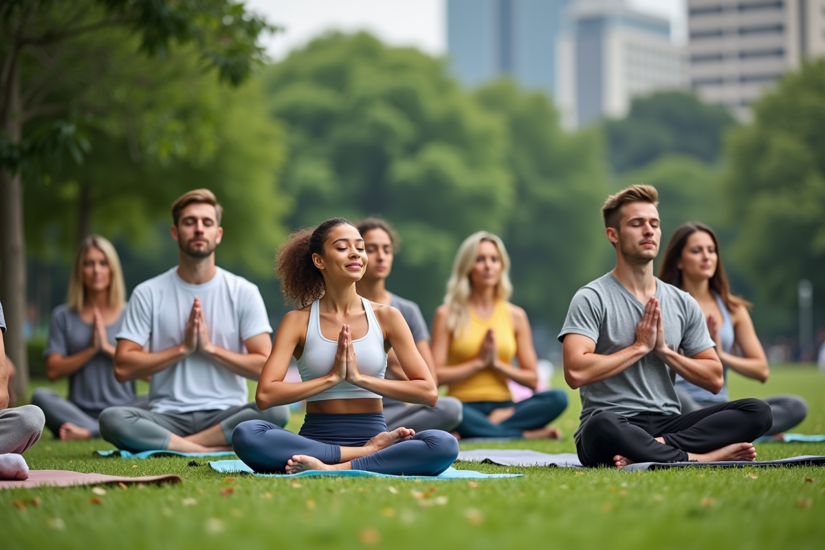 Groupe divers de personnes pratiquant la meditation dans un parc urbain