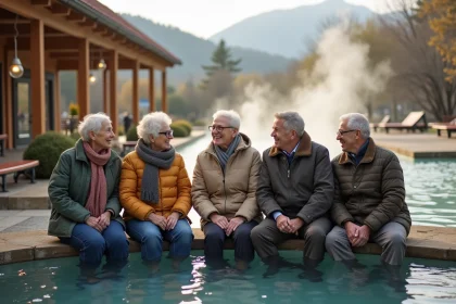 Groupe de seniors d&eacute;tendus au spa thermal en plein air